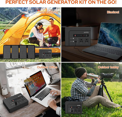 Powkey Solar Powered Generator,200W Portable Solar Generator Power Station with Solar Panels 40W,146Wh Generator Power Bank with 2 AC Outlet 110V Pure Sine Wave for Outdoor Camping Emergency Home