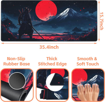 Mouse Pad Large Samurai and Red Moon Non-Slip Game Desk Mat with Stitched Edge Laptop Keyboard Desk Pad for Work Home Gaming (35.4 x 15.7 Inches)