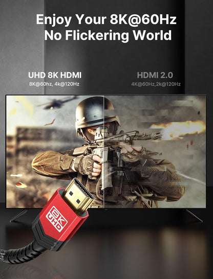 JSAUX 8K HDMI Cables 2.1 10FT 2-Pack 48Gbps Ultra High Speed Cords(8K@60Hz 7680x4320, 4K@120Hz) eARC HDR10 HDCP 2.2 & 2.3 3D, Compatible with PS5/PS4/X-Box/Roku TV/HDTV/Blu-ray/LG/Samsung QLED