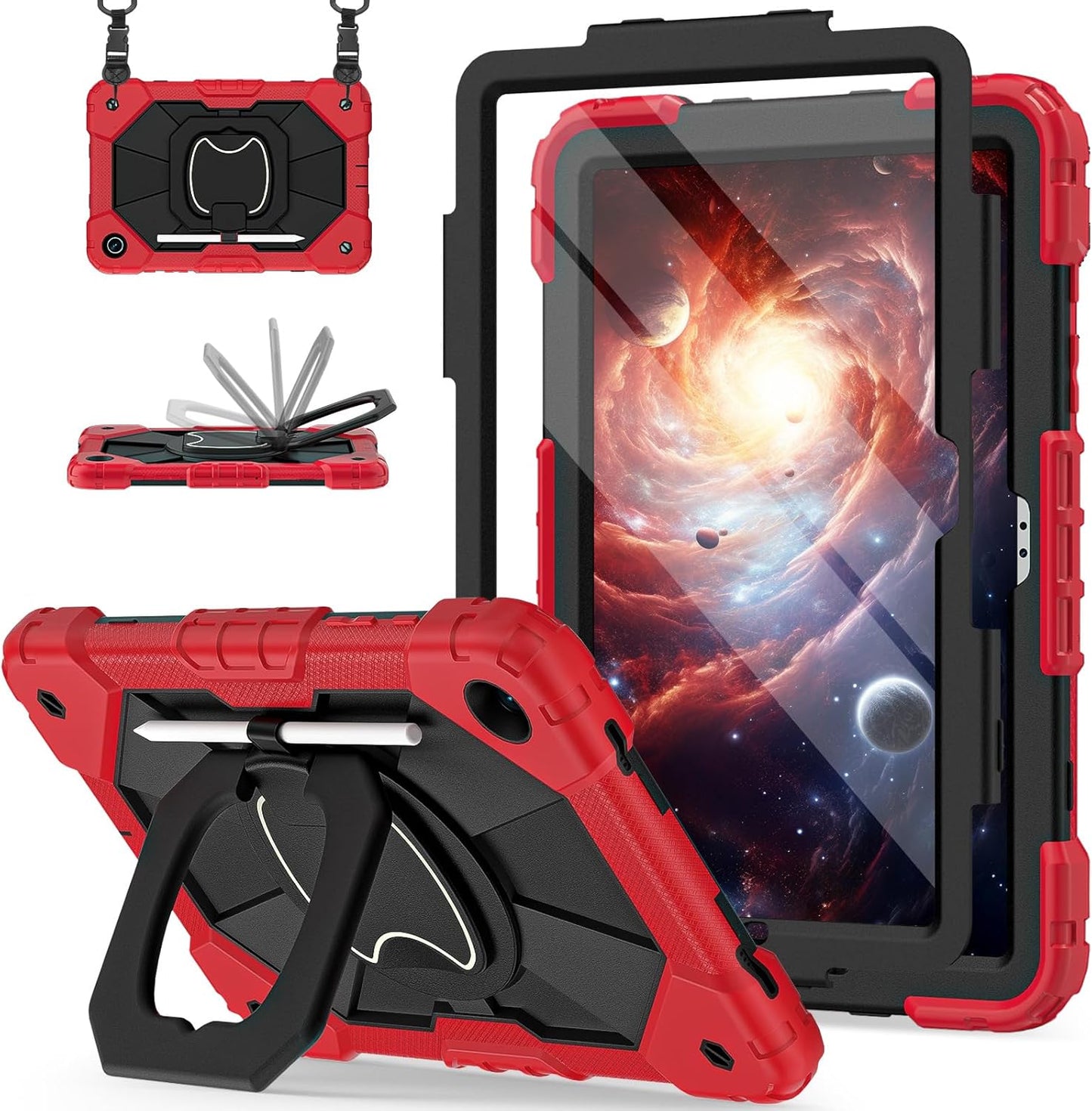 Scnoiy for Galaxy Tab A9 Plus Case 11 Inch, Rugged Case for Samsung Galaxy A9+ Tablet Case with Screen Protector 360 Rotating Stand Shoulder Strap Pen Holder, 2023 Model(SM-X210/X216/218), Red Black