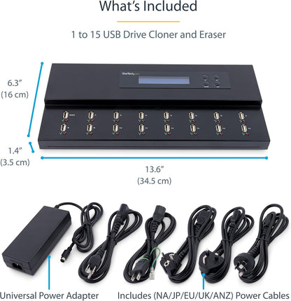 StarTech.com Standalone 1 to 15 USB Flash Drive Duplicator/Cloner/Eraser, Multiple USB Thumb Drive Copier / Sanitizer, System File / Sector-by-Sector Copy, 1.5 GB/min, 3-Pass Erase, LCD, TAA