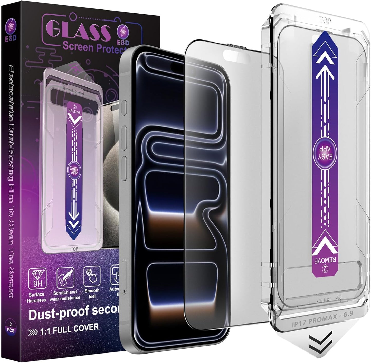 Matte Screen Protector for iPhone 17 Pro Max 6.9-Inch, Auto Dust Removal, 9H Tempered Glass, Full Cover, Anti-Fingerprint, Easy Installation, 2 Pack