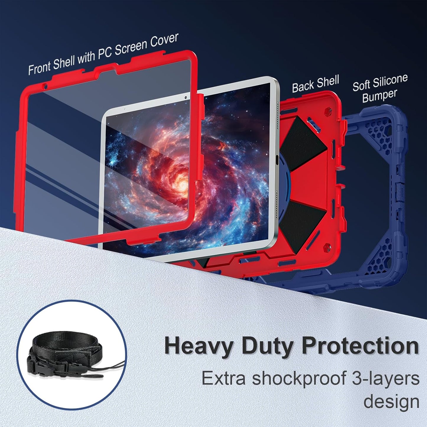 Case for iPad (A16) 11th Generation 11 Inch (2025), iPad 10th Generation Case 10.9 Inch (2022), Shockproof Cover with 360° Rotating Stand Screen Protector Pen Holder Shoulder Strap, Navy Red