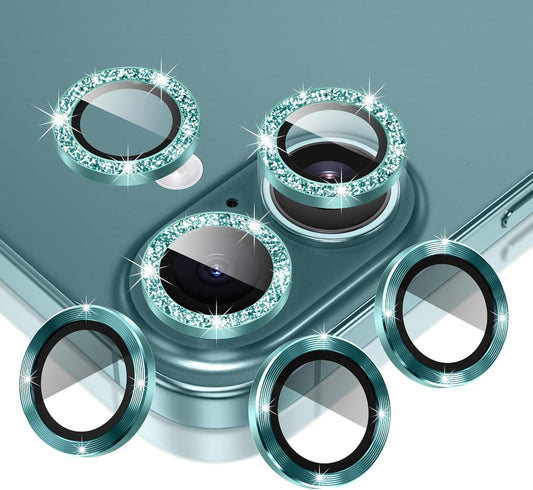 AGVEE 3+3 6 Pack for iPhone 16 6.1" / 16 Plus 6.7" Camera Lens Cover Protector, Bling Glitter & CD-Textured Metal Ring 9H Tempered HD Glass Camera Cover Protector Film, Glitter-Green