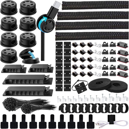 ELII 328Pcs Cable Management Kit, 8 Magnetic Cable Holder,69Adhesive Cable Clips,4 Cable Sleeve Split,22Reusable Cable Strap,200 Nylon Cable Zip Ties with 25 Mounts TV Office (Black)
