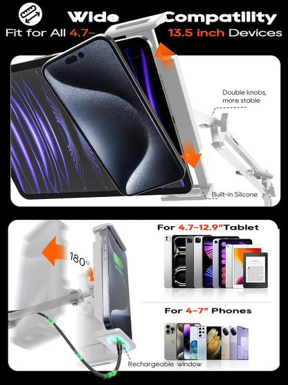 Tablet Stand, Tablet Mount Adjustable with Clamp for Round tube, Universal Flexible Tablet Holder with 360 Degree Rotation for iPad/iPhone/iPad Pro/N-Switch,or Other 4.5~13.5 Inches Devices (White)