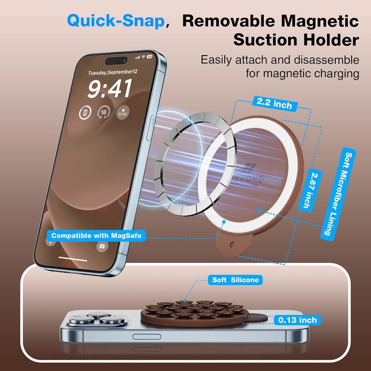 Magnetic Suction Cup Phone Mount for MagSafe Case, Silicone Hands-Free Phone Grip Holder for iPhone and Android, Mirror Shower Phone Stand for Makeup FaceTime Gym Kitchen Bathroom, Chocolate