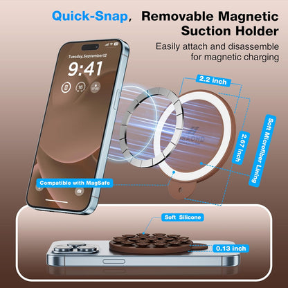 Magnetic Suction Cup Phone Mount for MagSafe Case, Silicone Hands-Free Phone Grip Holder for iPhone and Android, Mirror Shower Phone Stand for Makeup FaceTime Gym Kitchen Bathroom, Chocolate
