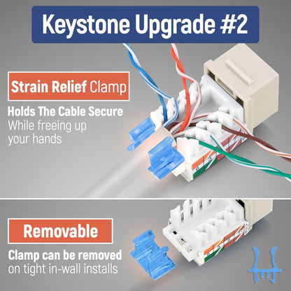 Everest 45° Angled RJ45 Cat5e Keystone Jacks 50-Pack in Light Almond - Slim Profile Female RJ45 Connectors - Cat 5e Keystone Jack - Compatible with 45° Angled Speed Termination Tool - 45Term
