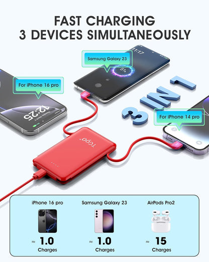 TG90° 5000mAh Ultra Slim Power Bank Built in Foldable AC Plug and Cables, Card Size Battery Pack Portable Charger for Phones, 4 in 1 External Battery Pack Compatible with iPhone, Samsung, Google