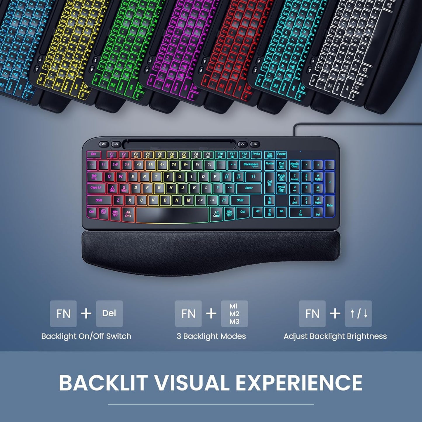 Ergonomic Backlit Keyboard with Wrist Rest, 7 Colors USB Wired Computer Keyboard, Wave Keys, with Phone/Tablet Holder, Comfortable Lighted Keyboard for PC, Windows and Mac