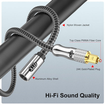 EMK Optical Cable Extension, 24K Gold-Plated Optical Audio Cable Toslink Female to Male Audio Extended Cable Compatible for Sound Bar (1.5 Feet/0.5M, Optic Extension, Silver2)