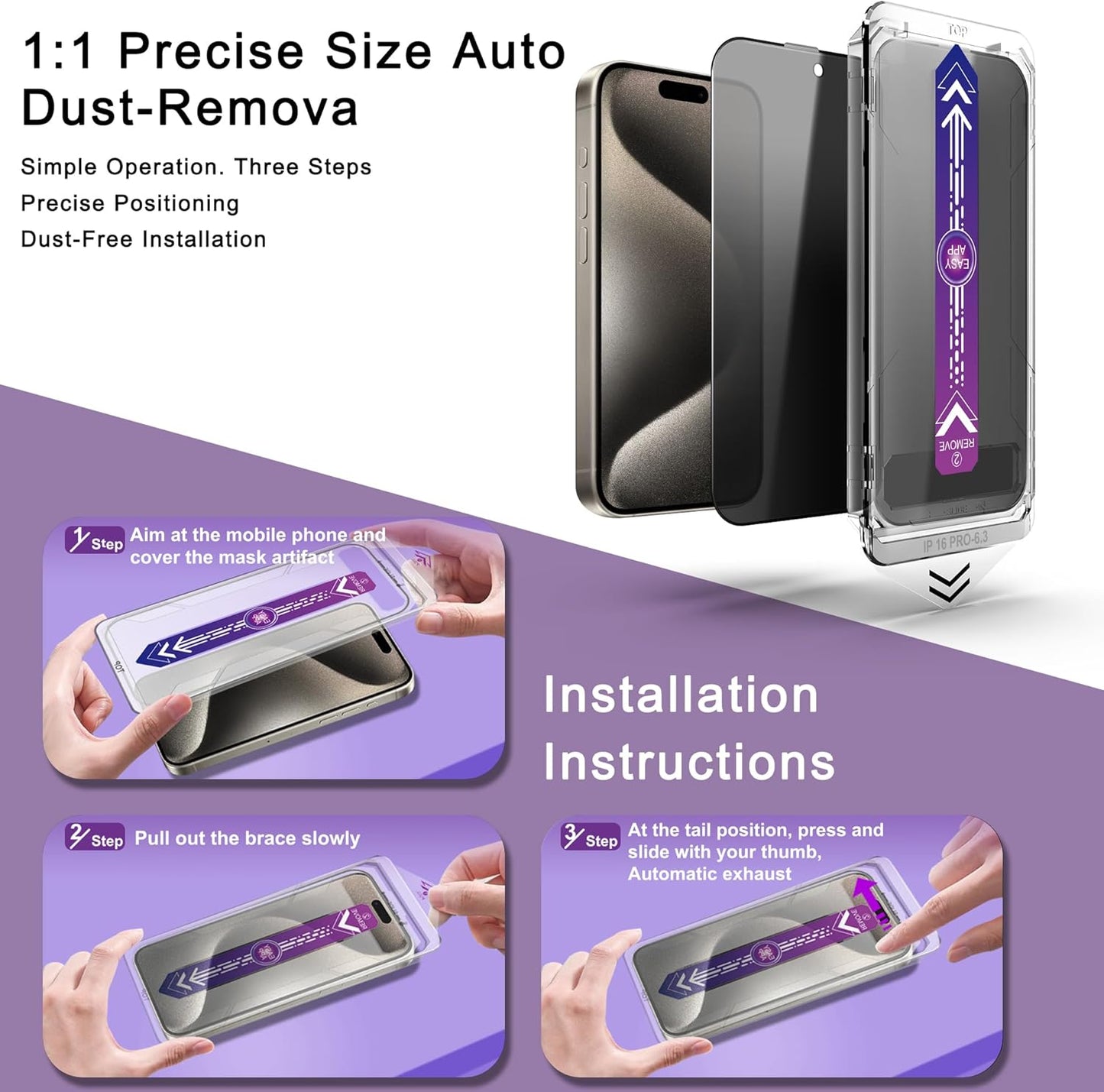 2 Pack Privacy Screen Protector for iPhone 16 Pro, 9H Tempered Glass, Full Coverage,Anti-Fingerprint, Auto Dust-Elimination, No Bubble, Easy Installation