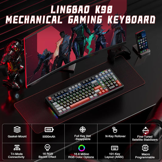 LINGBAO K98 Wireless Mechanical Gaming Keyboard, Tri-Mode BT5.0/2.4GHz/USB-C, Gasket Custom Hot-Swappable Linear Switches Mechanical Keyboards, RGB Backlit Gaming Keyboard for PC Laptop