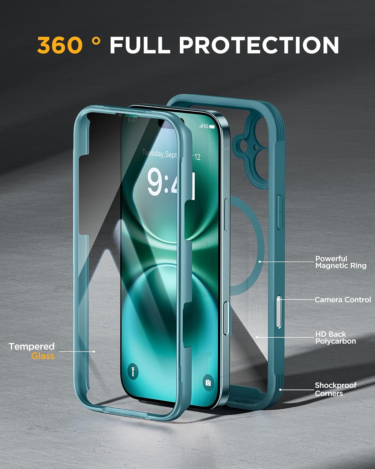 Miracase Magnetic for iPhone 16 Plus Case Full-Body Phone with Built-in Glass Screen Protector, [Compatible with MagSafe] Military Drop Proof 16 Plus Cover Bumper 6.7 inch, Green