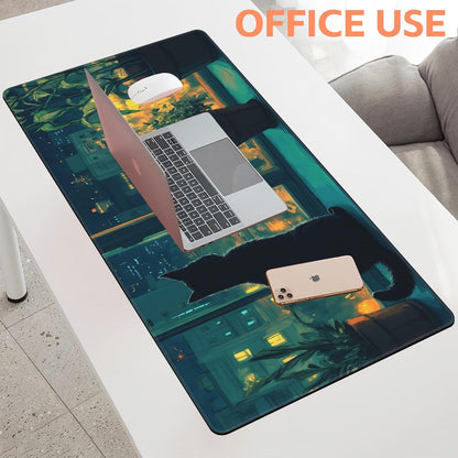 Mouse Pad Large Cat Sitting on The Windowsill Non-Slip Game Desk Mat with Stitched Edge Laptop Keyboard Desk Pad for Work Home Gaming (35.4 x 15.7 Inches)