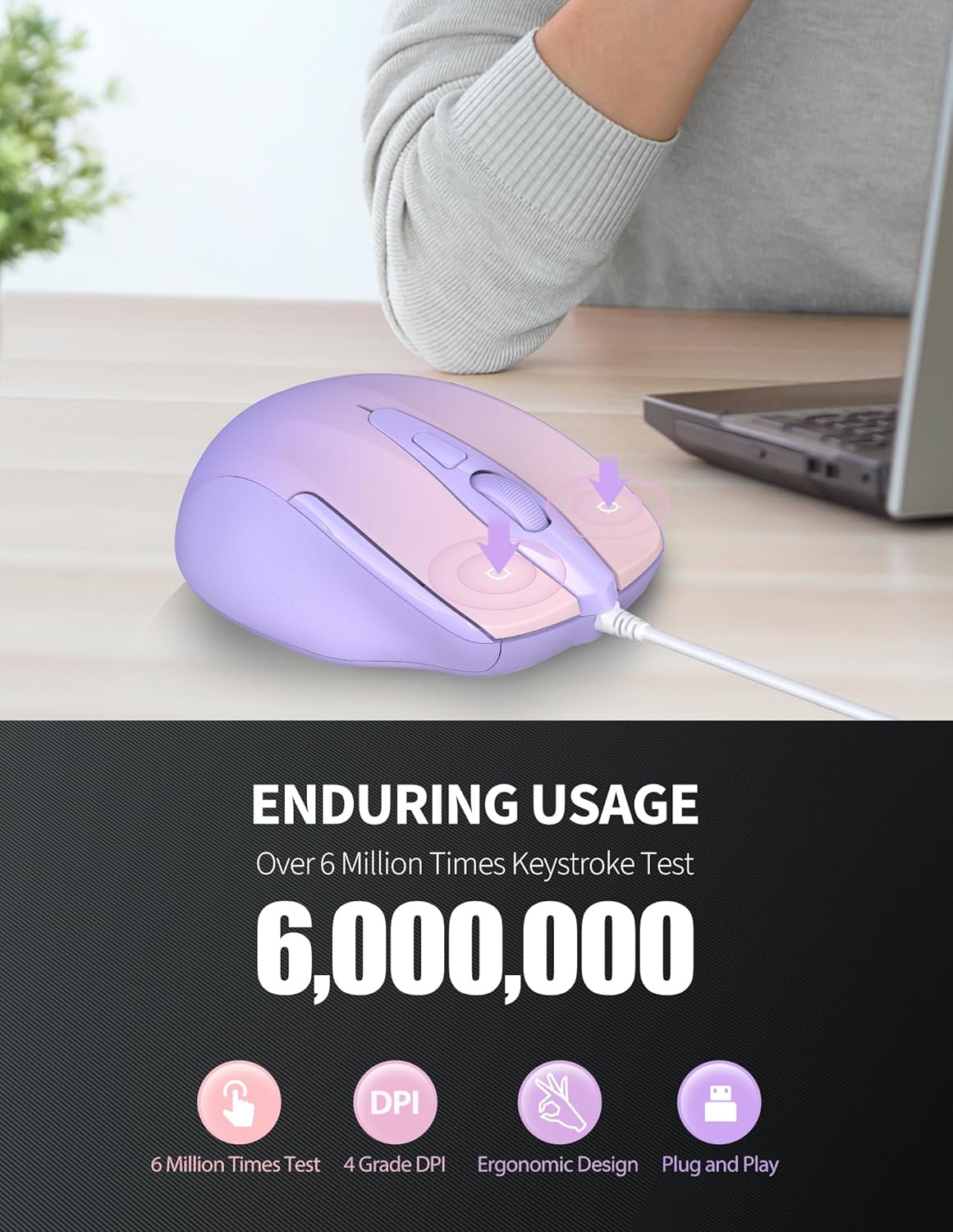 TECKNET Wired Mouse, 6-Button Corded with 4 Adjustable DPI, Optical Ergonomic Design, 5FT Cord for Laptop, Chromebook, PC, Desktop, Mac, Notebook - Gradient Lavender