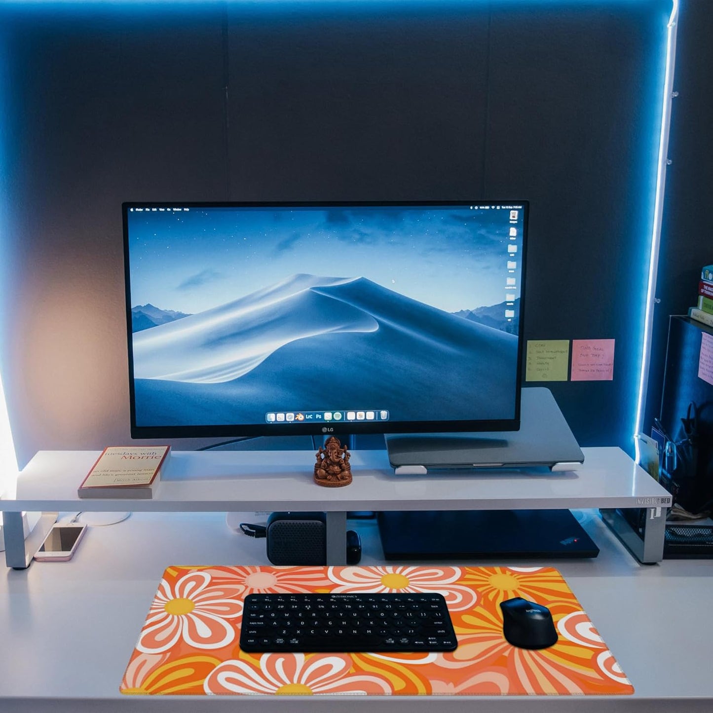 Desk Pad - Hippie Vintage Orange Flowers Desk Mat, Retro Floral Large Gaming Mouse Pad with Non-Slip Base and Stitched Edge, 31.5"x11.8"