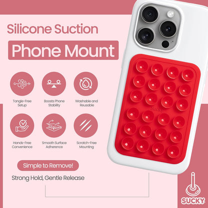 SUCKY Silicone Suction Phone Case Adhesive Octo Cup Buddy Mount - Anti-Slip Holder, Hands-Free Phone Accessory for iPhone and Android - Sticky Grip for Selfies, Videos - Red