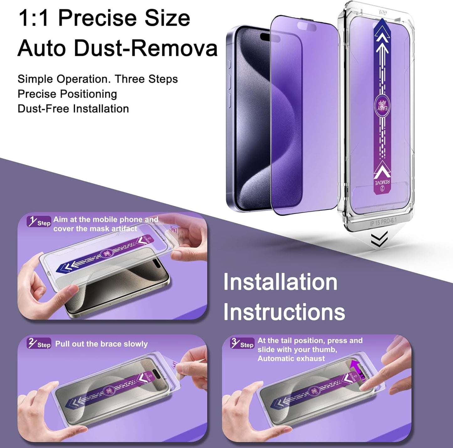 2 Pack Anti Blue Light Matte Screen Protector for iPhone 15 Pro, 9H Tempered Glass, Full Coverage, Anti-Fingerprint, Auto Dust-Elimination, No Bubble, Easy Installation