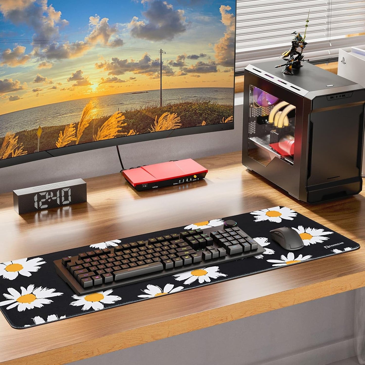 RAINYEAR Large Gaming Mouse Pad(31.5 x 11.8 Inch), Computer Mousepad with Anti-Slip Rubber Base, Smooth Large Keyboard Mouse Pad Mat for Gamer, Office, Home, Black Daisy