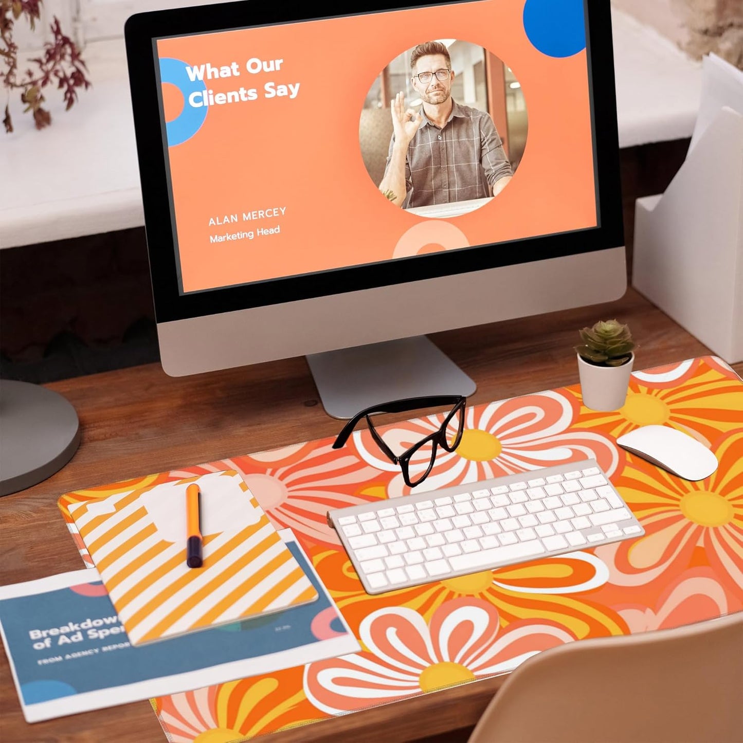 Desk Pad,Hippie Vintage Orange Flowers Desk Mat,Retro Floral Large Gaming Mouse Pad for Desk,Extended Big Computer Keyboard Mouse Pad with Non-Slip Base and Stitched Edge,35.4"x15.7"