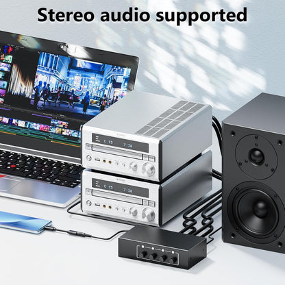 3.5mm Aux + RCA L/R Audio Splitter 1 in 4 Out, BolAAzuL 4-Way Stereo Audio Distributor Box 4-Channel Stereo RCA Splitter 1x4 for DVD Player, Game Console, Headphones, Speaker - w/Power