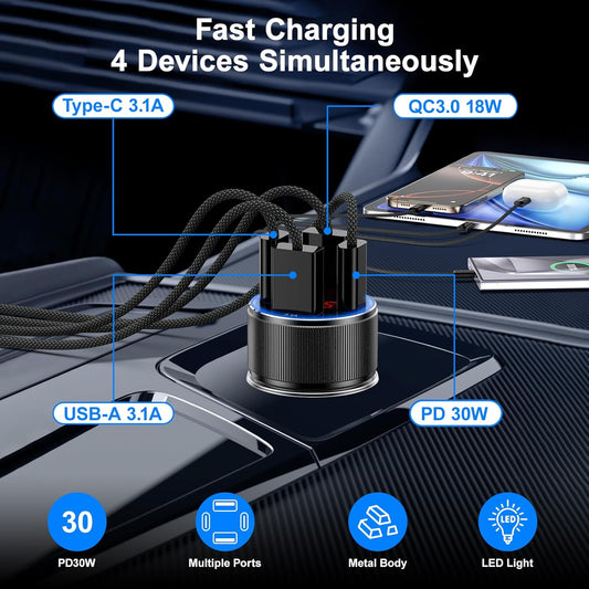 Car Phone Charger, Besgoods USB C Car Charger Adapter 4 Ports with Voltmeter PD&QC Fast Charging Cigarette Lighter USB Charger for iPhone 16 15 14 13 12 Galaxy S24 S23 A54 A15 Dash Cam Car Acc, 2Pack