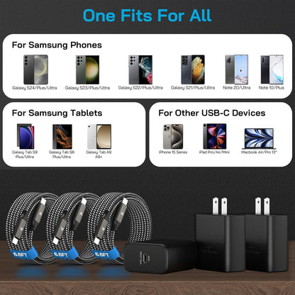 45W Super Fast Charger USB C, 45 Watt Type-C Android Phone Charger Fast Charging Block with 3X 6.6FT Type C Cords for Samsung Galaxy S25 Ultra/S24 Ultra/S24+/S23 Ultra/S23+/S22 Plus, Tab S9/S8 Ultra