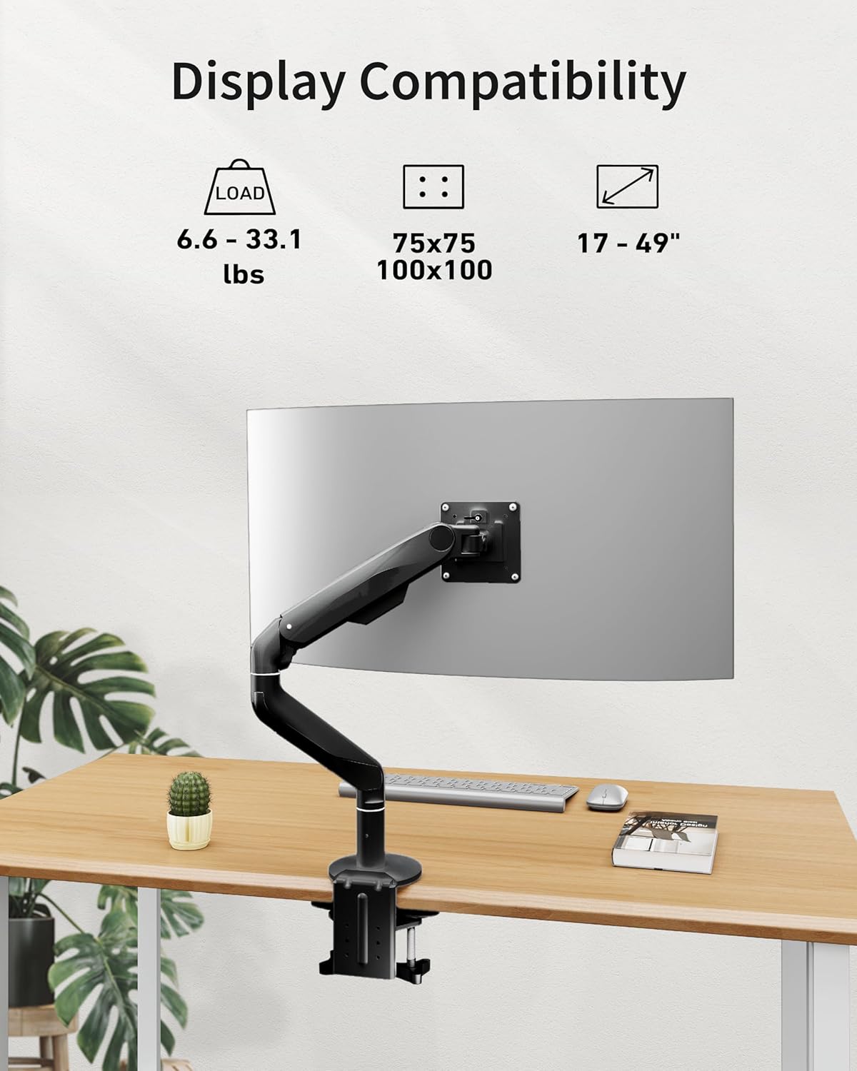 Ultrawide Single Monitor Mount, Adjustable Gas Spring Monitor Arm for 17 to 49 inch Screens, 75/100 Vesa Mount, Black