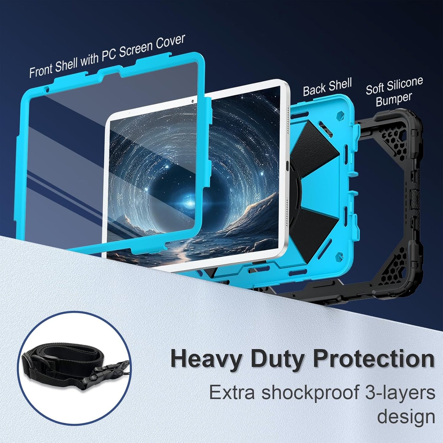 Case for iPad (A16) 11th Generation 11 Inch (2025) / iPad 10th Generation Case 10.9 Inch (2022) with 360° Rotating Stand Screen Protector Pen Holder Shoulder Strap, Black Blue