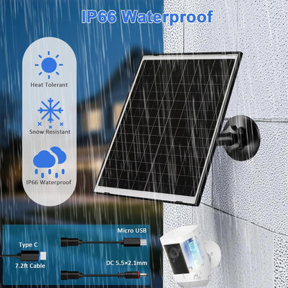 FUTUREZEN 10W Solar Panel for Security Camera, Trail Camera, Type-C Device, Solar Charger with USB-C, Micro USB & DC 5.5x2.1mm Port, IP66 Waterproof, Adjustable Mount, 7.2FT Cable