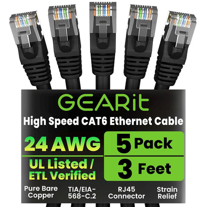 GEARit Cat 6 Ethernet Cable Pack - 5-Pack 3 ft Cat6 Ethernet Patch Cables | RJ45 Network Patch Cable, 10 Gbps Snagless Gold-Plated Connectors - Ethernet Cable Cat 6 for PC, TV, Router - Black