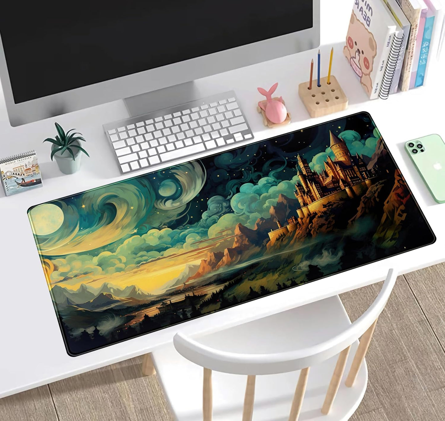 Cool Aesthetic Castle Mouse Pad Desk Pad Cute Cloudy and Starry Desk Mat, Office Desk Decor Anime Mousepad Laptop Keyboard and Mouse Mat, XXL Large Extended Gaming Deskmat for Girl 31.5x15.75 in