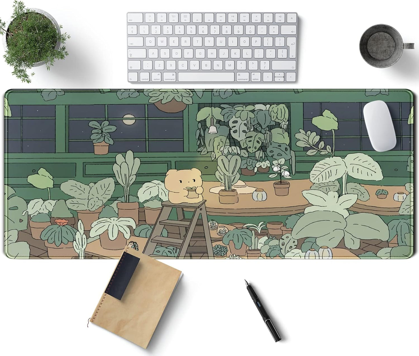 Kawaii Bear XL Gaming Mouse Pad & Desk Mat - 31.5x11.8 in, Aesthetic Brown & Green Forest Keyboard Pad
