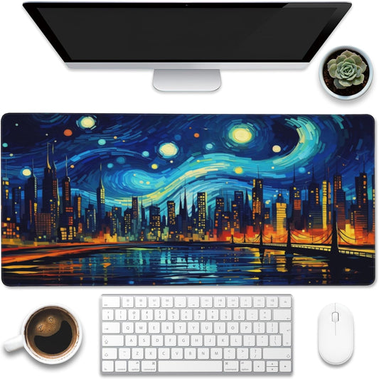 Desk Pad,City Starry Night Desk Mat,Abstract Oil Painting Large Gaming Mouse Pad for Desk,Extended Big Computer Keyboard Mouse Pad with Non-Slip Base and Stitched Edge,35.4"x15.7"