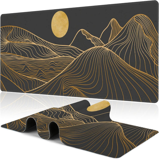 Abstract Golden Mountain Desk Mat,Large Gold Line Art Gaming Keyboard Mouse Pad,Non-Slip Rubber Base Desk Pad Thick Stitched Edges Waterproof Mousepad Mouse Mat 31.5"x11.8"