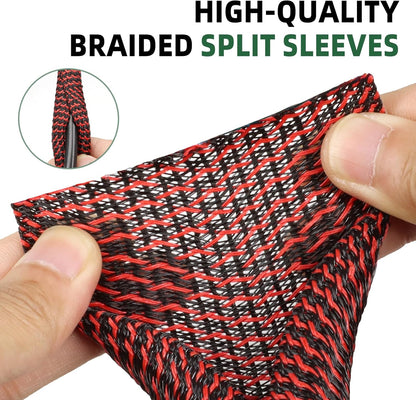 Split Wire Loom Tubing, Cable Protector Sleeve, Braided Cable Management for TV/Computer/Home Theater/Engine Bay, Cord Protectors from Pets No Chew (Red and Black, 3/4"-10ft)