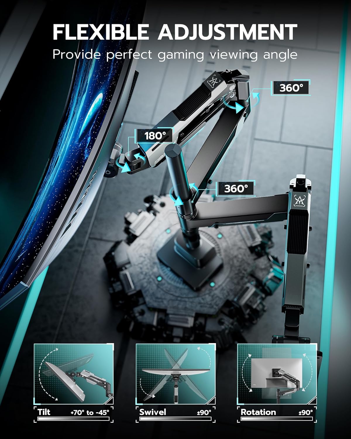 ARES WING Dual Monitor Mount, Adjustable Stacked Monitor Stand with USB A/C, Heavy Duty Gas Spring Monitor Desk Stand for 2 Monitors for 24-57 Inch Ultrawide Screen, 75/100/200 Vesa Mount, Black