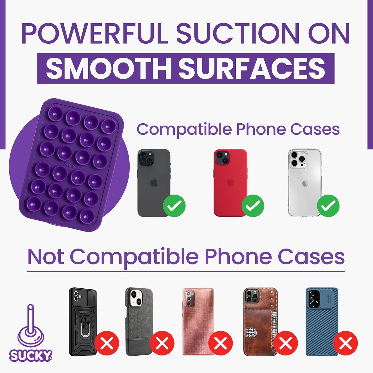 SUCKY Silicone Suction Phone Case Adhesive Mount - Anti-Slip Holder, Hands-Free Fidget Toy, Phone Accessory for iPhone and Android - Sticky Grip for Selfies, Videos, and Tiktok - Purple