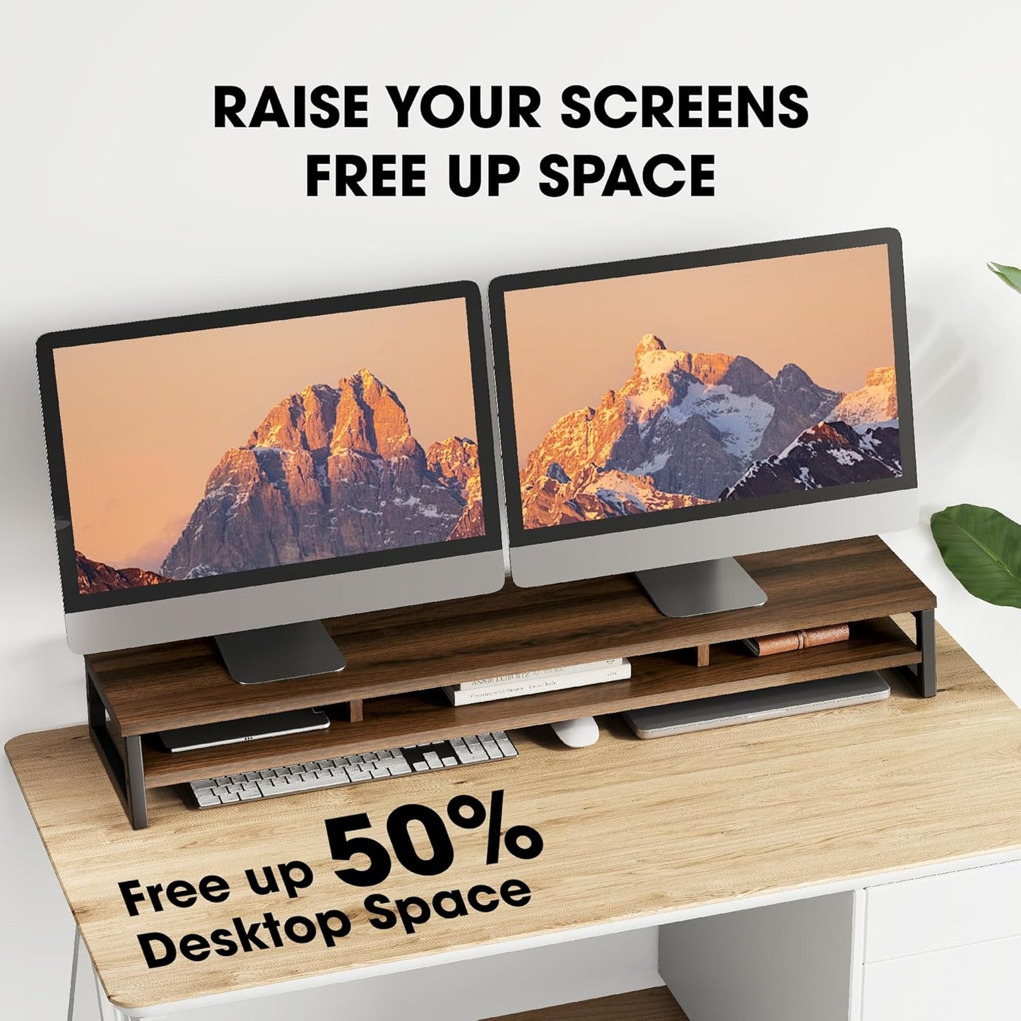 Fenge Dual Monitor Stand for Desk, 42.5in Large Monitor Riser for 2 Monitors, 2 Tier Computer Office Desk Top Shelf, Desktop Storage Stand for Laptop, PC, Computer, Printer