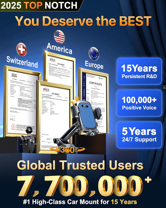 HTU 2025 Best Car Phone Holder 【Ultimate 5-in-1 & Upgraded 100+LBS Strongest Suction】【True Military-Grade & Safety Cert】 360° Windshield Dashboard Vent Mount Stand for iPhone Android & Truck, Blue