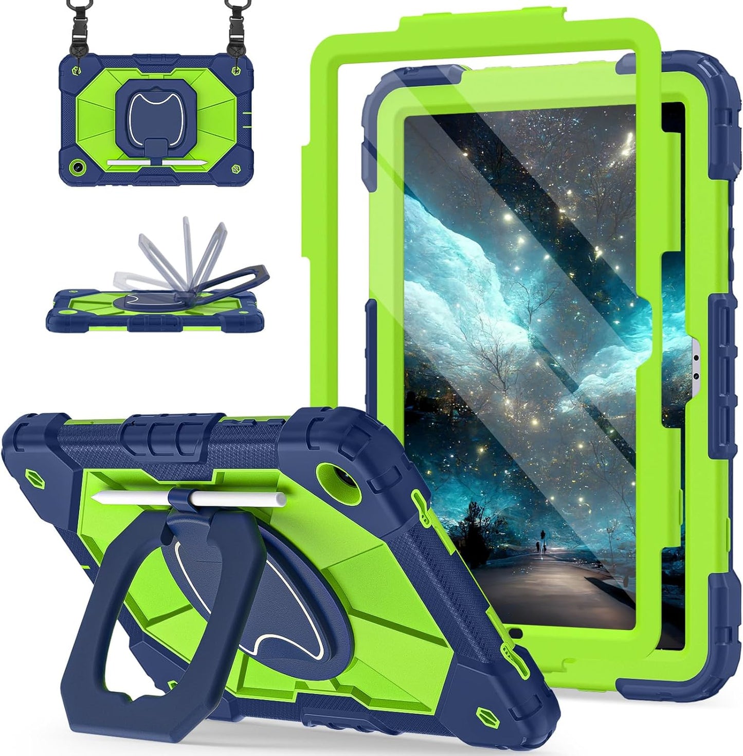 Scnoiy for Galaxy Tab A9 Plus Case 11 Inch, Rugged Case for Samsung Galaxy A9+ Tablet Case with Screen Protector 360 Rotating Stand Shoulder Strap Pen Holder, 2023 Model(SM-X210/X216/218), Navy Green