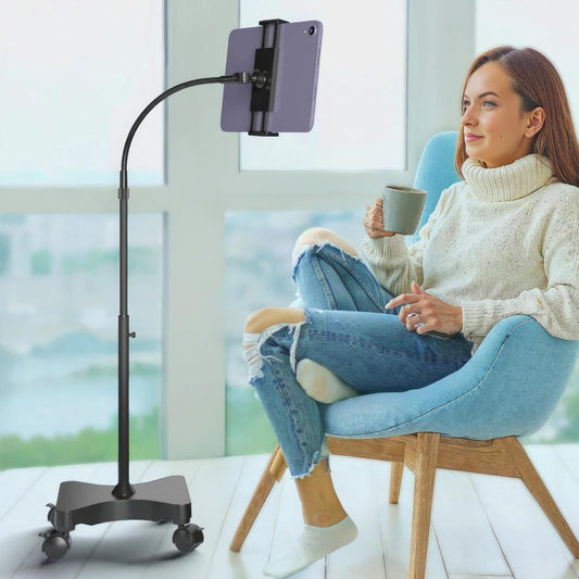 LEVO Adjustable Height Floor Stand on Wheels - Black with Casters - Tablet & Phone Holder with Gooseneck Mount, Stable Base - Compatible with All Cell Phones & Tablets (4-13 inch)