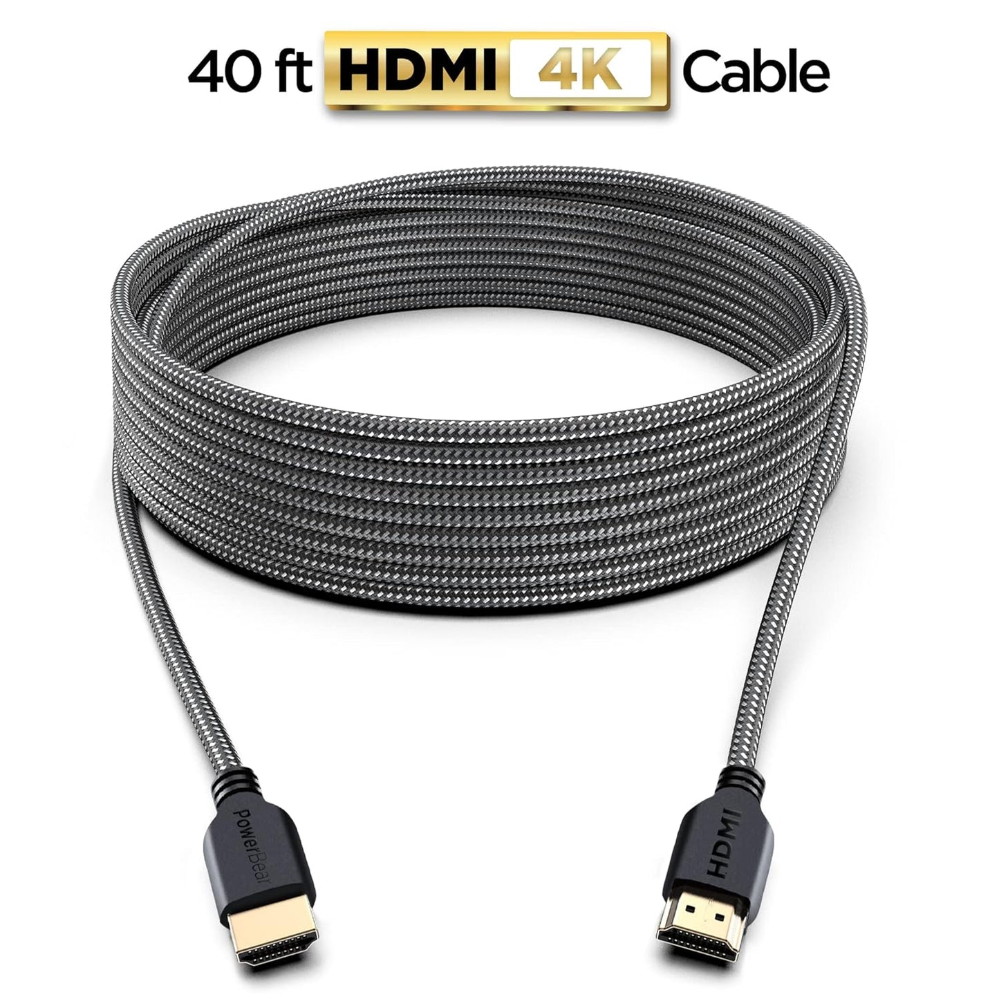 PowerBear 4K HDMI Cable 40 ft | High Speed, Braided Nylon & Gold Connectors, 4K @ 60Hz, Ultra HD, 2K, 1080P, ARC & CL3 Rated | for Laptop, Monitor, PS5, PS4, Xbox One, Fire TV, Apple TV & More