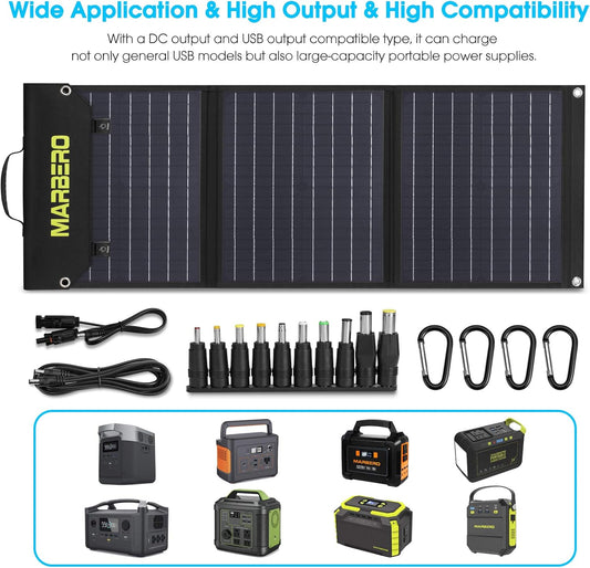 MARBERO 60W Portable Solar Panel 60 Watt Foldable Solar Panel for Solar Generators IP65 Waterproof 23% High Efficiency USB Port & DC Output(10 Changeable Adapters) for Outdoor Camping Travel Cloudy
