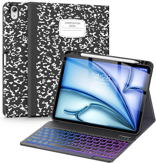 Supveco Keyboard Case for iPad Air 11 Inch (M3 2025,M2 2024),iPad Air 5th/4th Generation with Pencil Holder-7 Colors Backlit Wireless Detachable Folio Keyboard Cover with Soft TPU Back-Black