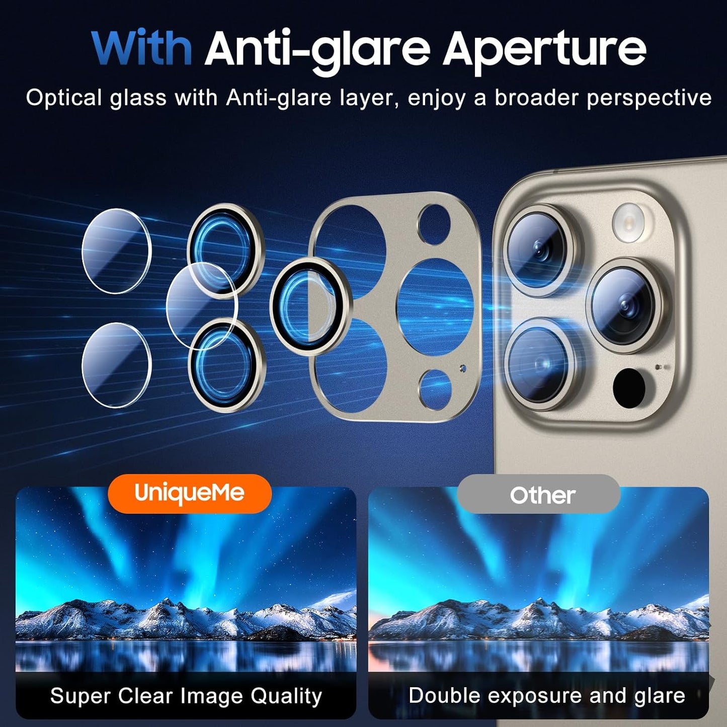 UniqueMe for 3 Pack iPhone 15 Pro/iPhone 15 Pro Max Camera Lens Protector, [Drop Protection] [Case Friendly] Camera Cover Screen [Update New Version] - All-Gold