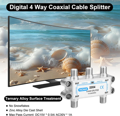 4 Way Coaxial Cable Splitter,Support 10-2602MHz, RG6 Compatible, Nickel-Plated for Cable Splitter,Work with CATV, Satellite TV,Antenna System and MoCA Configurations