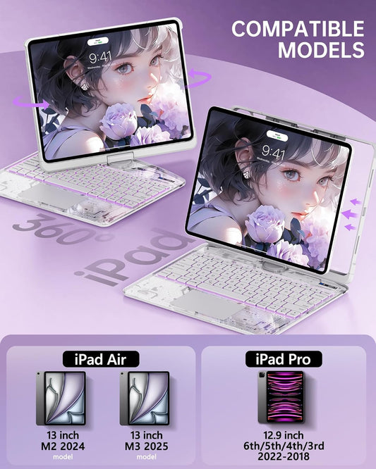 Intermerge Clear Keyboard Case for iPad Air 13" (M3/M2, 2025/2024) & Pro 12.9" (2022-2018) - 360° Rotatable Trackpad, RGB Backlit Keyboard, Pencil Holder, Power Indicator, Type-C, Frost Pulse